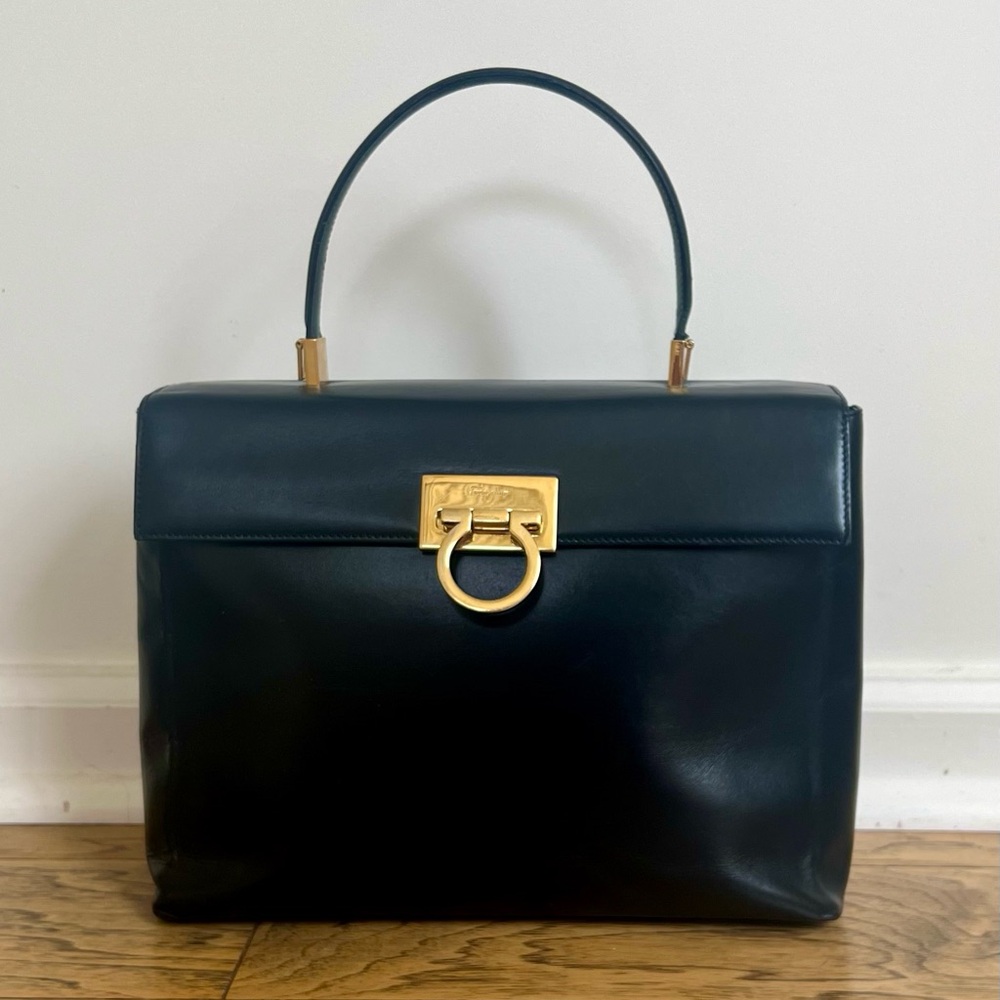Salvatore Ferragamo Black Leather Top-Handle Bag with Gold Hardware